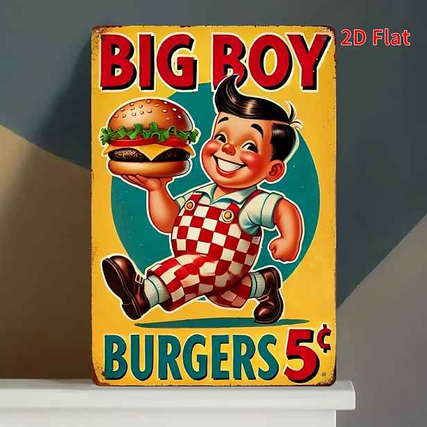 TEMU 2D plochý design – Tento 2D plochý design obsahuje velkou kovovou ceduli s hamburgerem pro chlapce o rozměrech 8" x 12". Představuje vintage