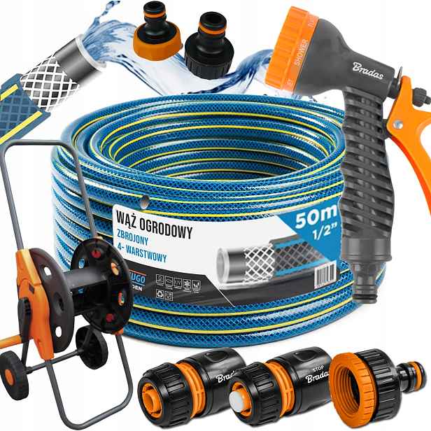 Hadice 1/2" 50 m 4 Vrstvy Pistole Vozík Set Bradas