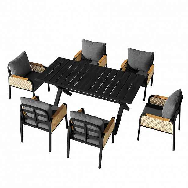 Modfu ZAHRADNÍ jídelní set z železa a PE ratanu 148x80x75 cm černý a přírodní pro 6 osob s polstrovanými sedáky