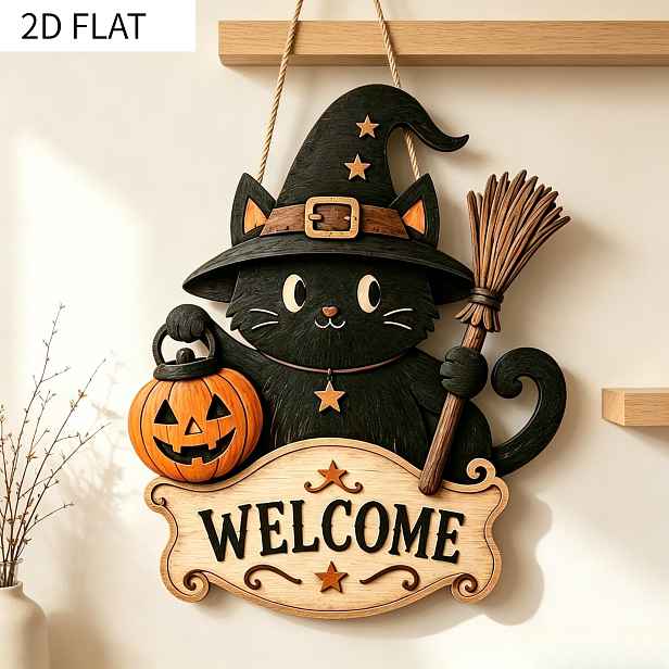 TEMU 2D plochý, 1 ks černý kočka Halloweenský uvítací závěs na dveře, roztomilý Halloweenský duch - Dekorace čarodějnického klobouku - Ruční koště a