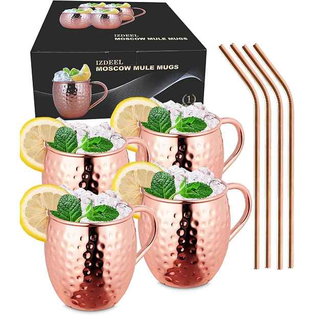 Hrnky Na Moscow Mule Měděné Kulaté 500ML Sada 4 Ks Brčka