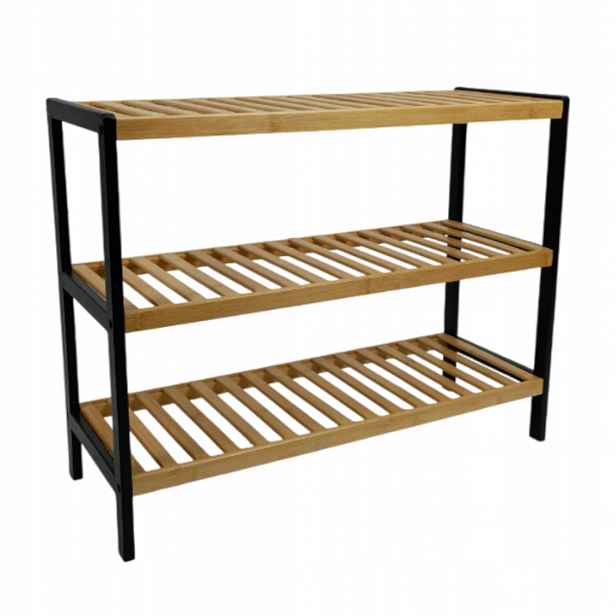 Regál na boty bambusový 3-úrovňový 70 cm černý rám Loft úzký organizér