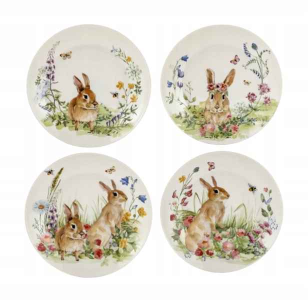 Dezertní talířek 4ks porcelánové velikonoční květiny 15 cm zajíc