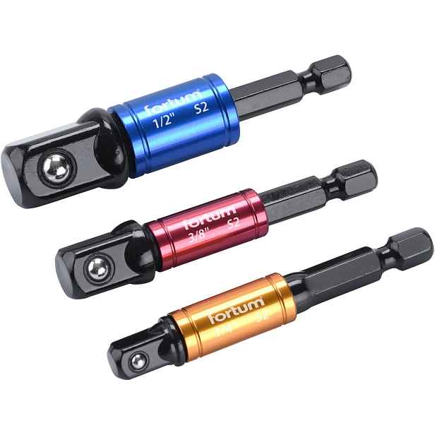 FORTUM adaptéry do vrtačky s otoč.úchytem 3ks, 1/4"-3/8"-1/2", S2 1259