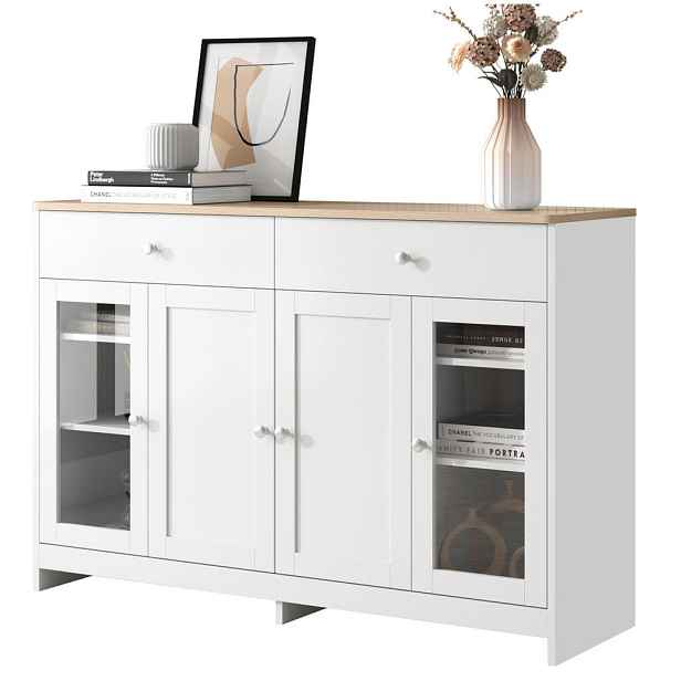 Redom SIDEBOARD 120/37/80 cm s nastavitelnými policemi a dvěma zásuvkami, Bílá a dřevěná