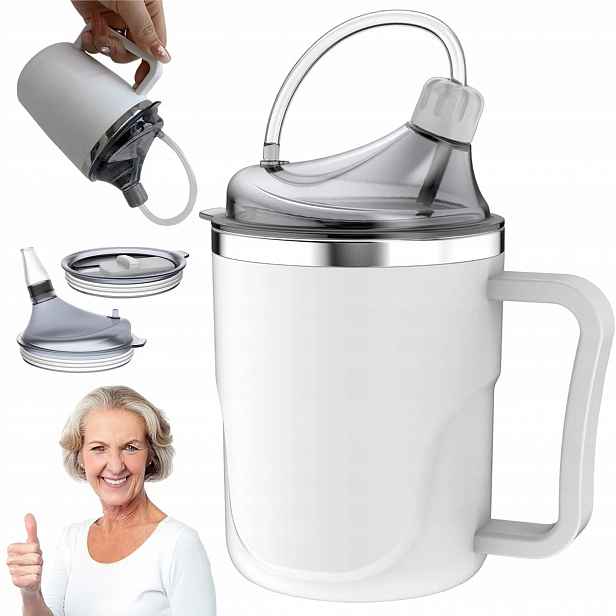 Hrnek Nerezová Ocel Se 2 Vyměnitelnými Víčky, 2 Brčka 400 ML Pro Seniory