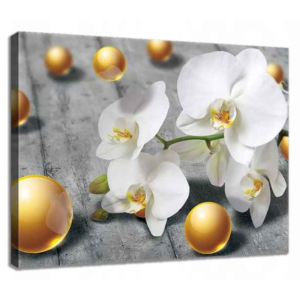 Obraz 80x60 Orchidej bílá zlatá koule lesk luxus elegance klid