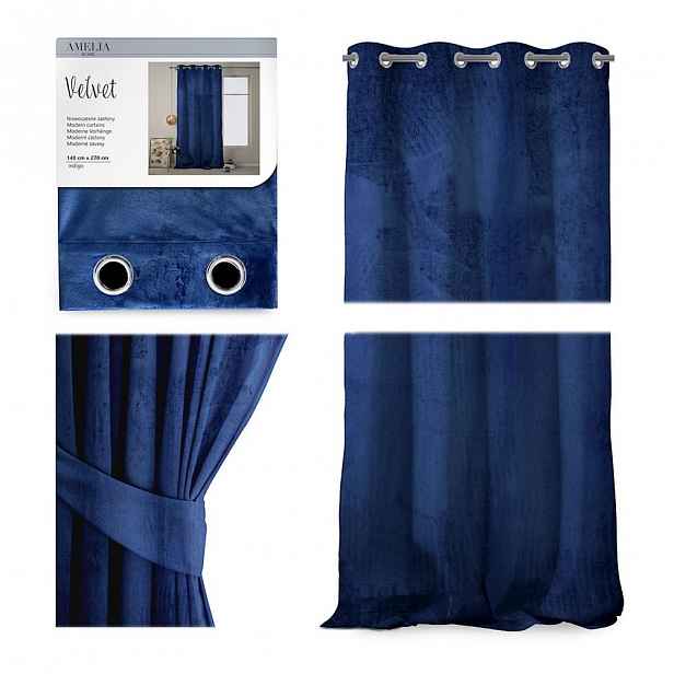 Tmavě modrý závěs AmeliaHome Velvet, 140 x 270 cm