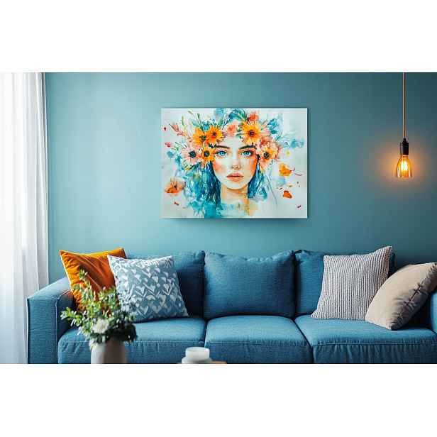 Plakát Tyrkysová Dáma Portrét Květiny Akvarel Boho 100x75
