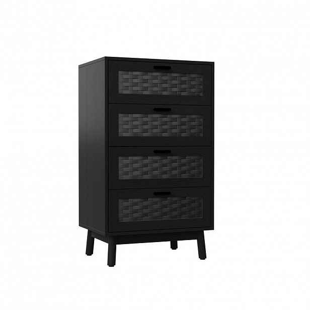 EuroLiving KOMODA se 4 zásuvkami, imitace PVC ratanu, 55x40x95 cm, dřevěné nohy, ochrana proti převrácení, černá
