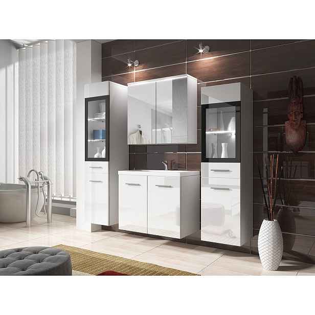 Koupelnová sestava s LED osvětlením YUKO 2 - lesklá bílá / bílá + baterie Economico ZDARMA