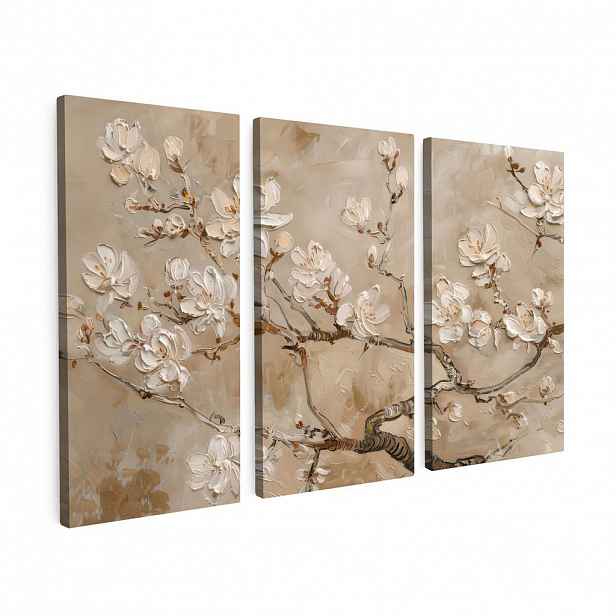 MuchoWow OBRAZ NA PLÁTNĚ 3dílná sada Béžová - Blossom - Moderní 90x60 cm