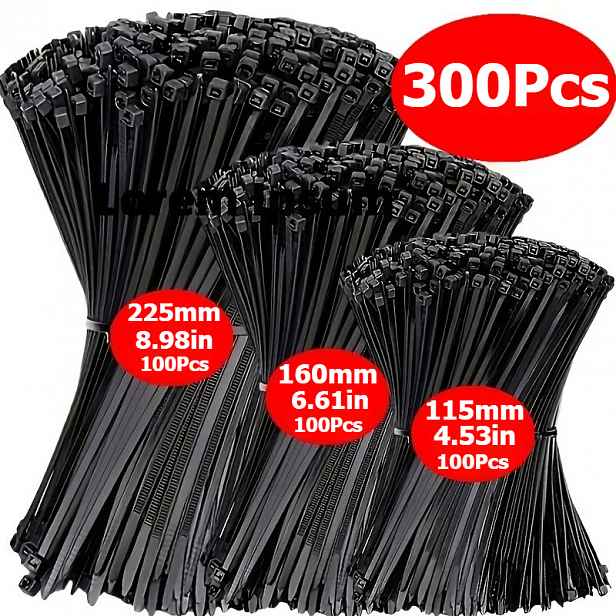 TEMU 300 černých samosvorných nylonových stahovacích pásek, různé velikosti 115/170/225 mm, UV-odolné, pro organizaci a zajištění počítačových