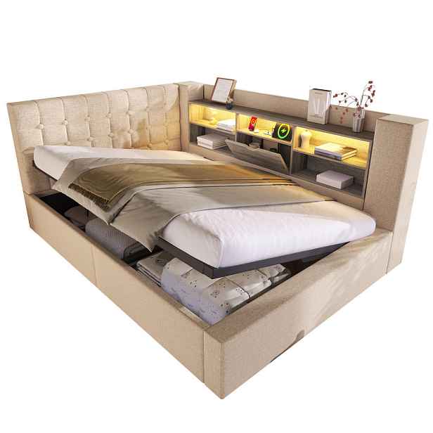 STILVORA ČALOUNĚNÁ POSTEL 140 × 190 cm, béžové plátno, úložný prostor, LED, USB a čelo do L