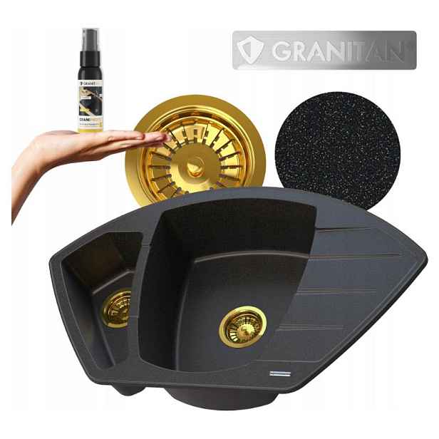 Dvoukomorový granitový dřez Compact Set dřez černo-zlaté sifon