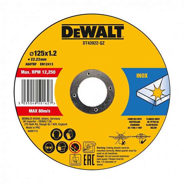 DeWALT - Sada řezných kotoučů na nerez, 125x1,2 mm, 10 ks DT43922