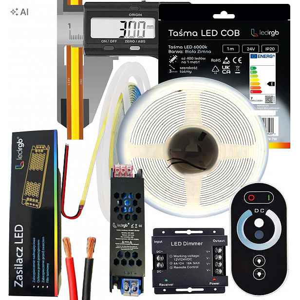 Set Led pásek Neon Cob 24V 5 m 6000K Bílá Studená Ultra Tenká 3MM Dálkový Ovladač