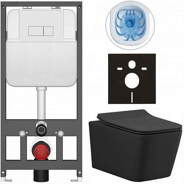 Kompletní WC set Basic/Forte - černá matná - WC tlačítko Modulo/Bílá - závěsné - předstěnová instalace - 51x36 cm