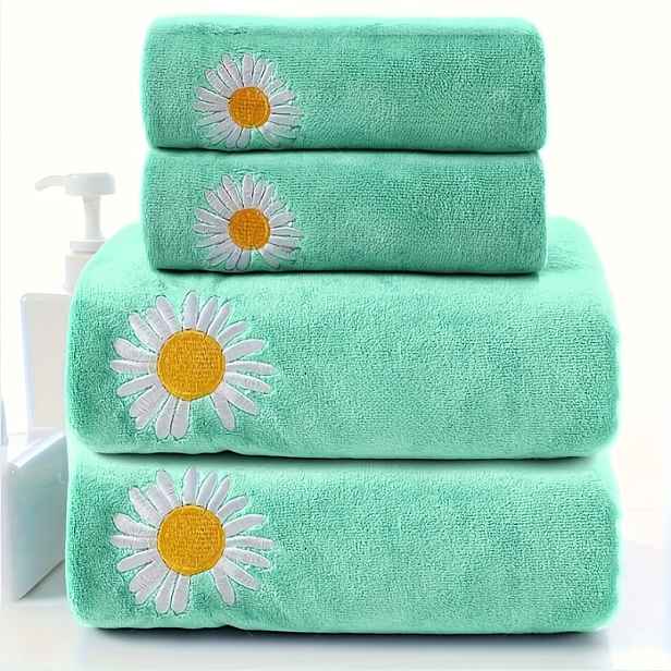 TEMU 4dílná super velká sada osušek, vyšívaná sada Daisy 4Pcsss: Obsahuje 2 velké osušky, ručníky, ručník na sušení vlasů + 2 super velké osušky /
