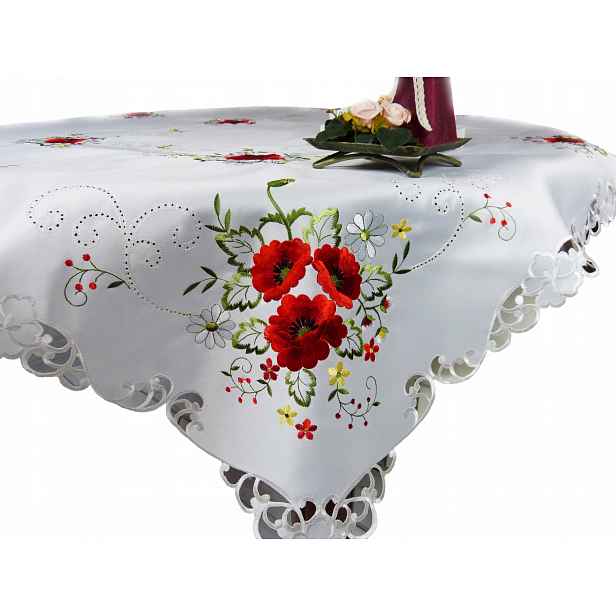 Vyšívaný ubrus na stůl nebo lavici, červené máky, polyester, 130 x 180 cm, bílý