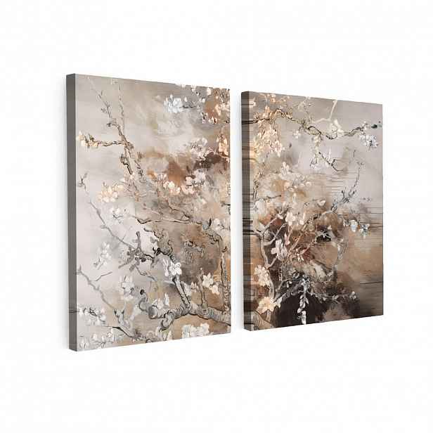 MuchoWow OBRAZ NA PLÁTNĚ 2dílná sada Mandlový květ - abstraktní - béžový 120x80 cm