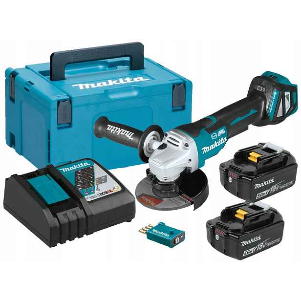 Makita DGA518RTJU Aws Úhlová Bruska 18V 2X5,0Ah Li-ion Bezkartáčová