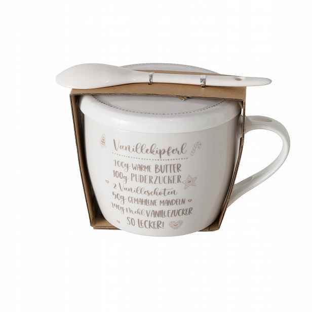 Porcelánový Hrnek S Nápisem Béžový S Víčkem A Lžičkou, 600 ML