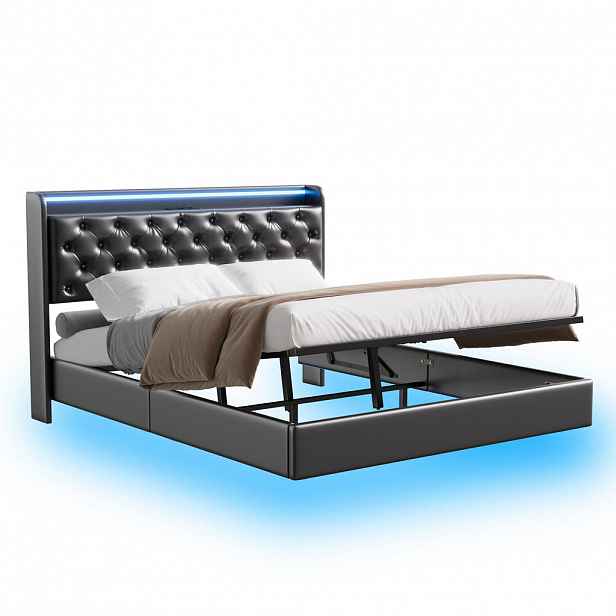 ČALOUNĚNÁ postel 140x200 cm, s LED, USB a Type-C, bed box, černá