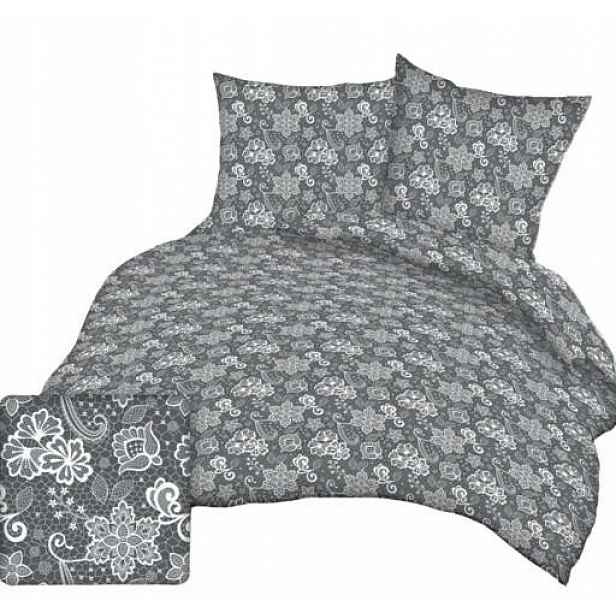 Krepové povlečení 160x200 šedé s bílými květy a knoflíky 100% bavlna