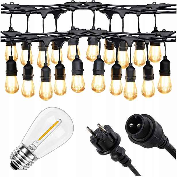 Led světelná zahradní girlanda 15 m 25x Led žárovka E27 1 W vodotěsná