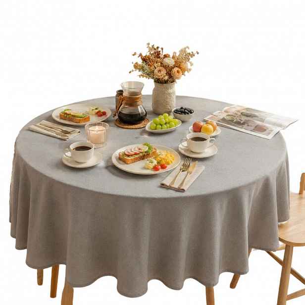 SHOPENTRA KULATÝ ubrus Ø140cm, světle šedý, imitace lnu, voděodolný, pratelný
