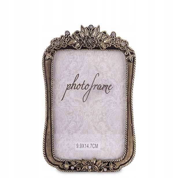 Zlatý rámeček na fotografii, kovový, stojící, retro, palácový, vintage