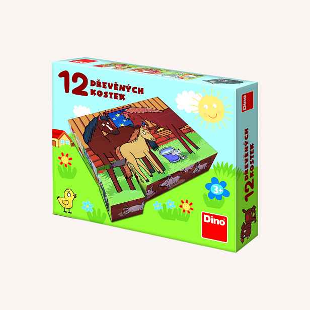 Dino Dřevěné lic. kostky Domácí zvířátka – 12 kostek