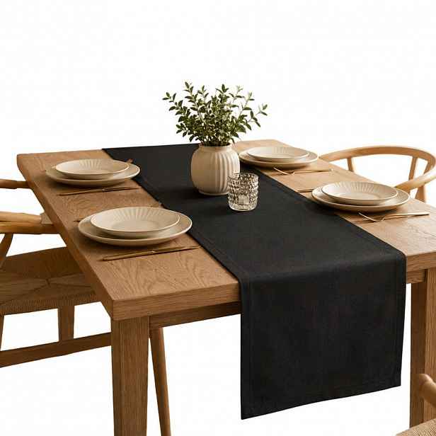 SHOPENTRA BĚHOUN na stůl, tmavě šedý, 40×160 cm, imitace lnu, vodoodpudivý a pratelný