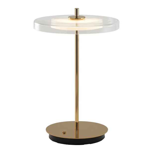 Ocelová LED stolní lampa s USB portem v mosazné barvě se skleněným stínidlem (výška 31 cm) Asteria Move – UMAGE