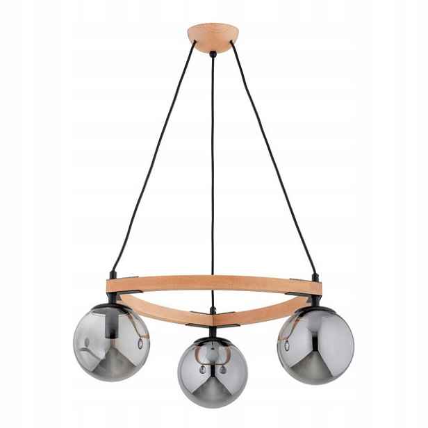 Závěsná dřevěná lampa trojitá, kouřové skleněné koule do obývacího pokoje Alfa