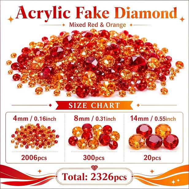TEMU 2326 ks 4mm+8mm+14mm Akrylové Oranžové a Červené Umělé Diamanty, Výplň do Váz, Domácí Dekorace, Dekor a Doplňky do Domácnosti, Dekorace do
