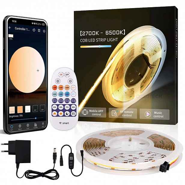 Led pásek Cob 24V Cct napájecí zdroj dálkový ovladač aplikace bílá teplá neutrální 5 m