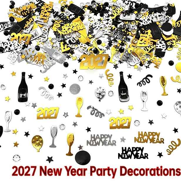 TEMU Rekvizity s konfety pro šťastný nový rok 2027, s čísly 2027, nápisem 'Happy New Year', lahvičkami, hvězdami, balónky a dalšími barevnými tvary.