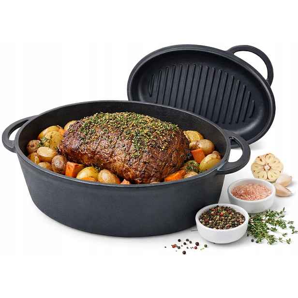 Robustní Pekáč Litinový 2V1 Velké Víko Gril Indukce Plyn Hrnec 34 cm