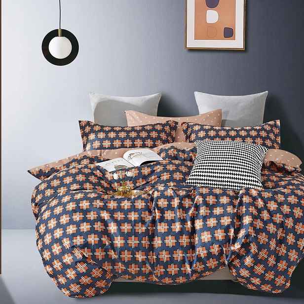 Povlečení 160x200, tmavě modrá, oranžová, béžová, geometrický vzor