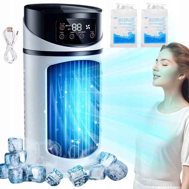 Přenosný Chladicí Ventilátor S Mlhou 300 ML, Noční Časovač, Osvětlení 10 W