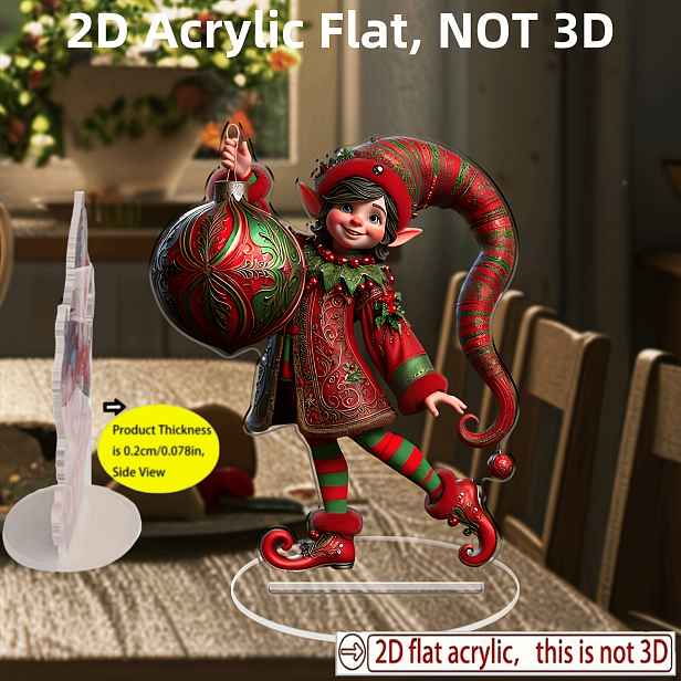 TEMU 2D Plochý Akrylový Stolní Ozdobný Předmět, Okouzlující Vánoční Skřítek - 18cm x 14cm Sváteční Dekorace na Stůl, Vhodná pro Domov, Kancelář a