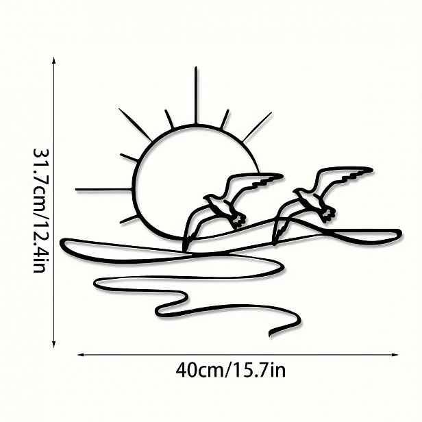 TEMU Kouzlo Klidu, Elegantní Východ Slunce & Racek Kovová Nástěnná Umění - 15.7" x 12.4" Třpytivá Dekorace s Výhledem na , Moderní Minimalistický