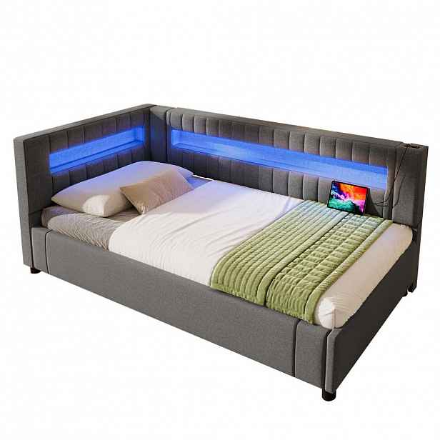 WISHDOR ROZKLÁDACÍ POHOVKA 90/200 cm v šedé lněné látce s úložným prostorem, LED osvětlením, USB a Type-C