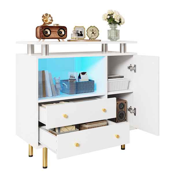 EVRYAE SIDEBOARD s integrovaným LED osvětlením a skleněnými dvířky, moderní, Bílá, velikost
