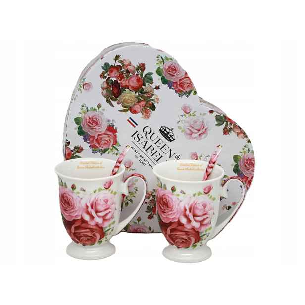 Dva šálky, sada z porcelánu Queen, lžičky, růže