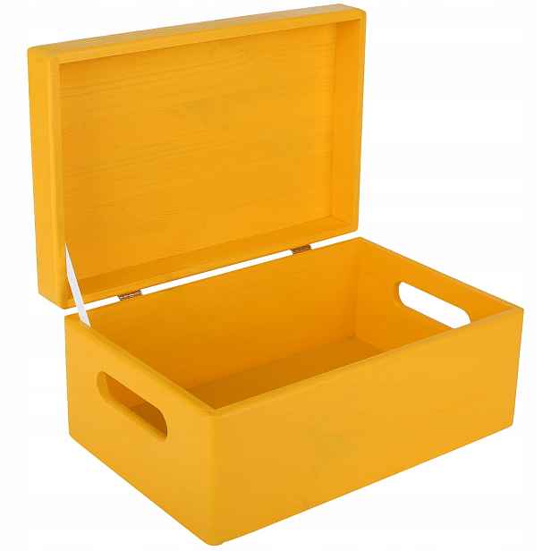 Krabička dřevěná žlutá s úchytkami a víkem jako dárek pro hračky 30x20x14 cm