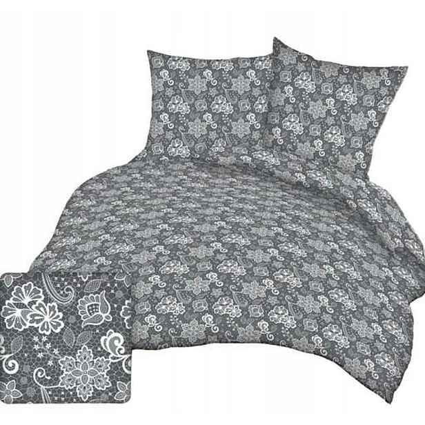 Krepové povlečení 160x200 šedé s bílými květy a knoflíky 100% bavlna