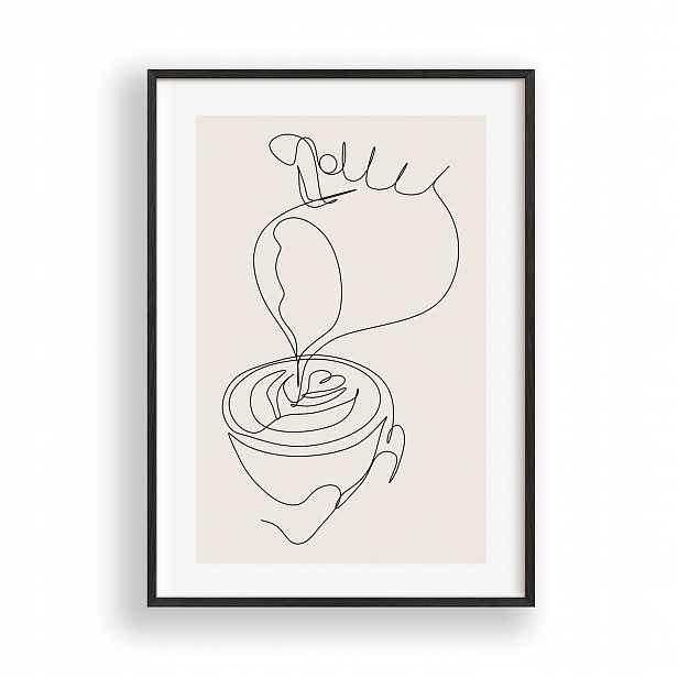 Obraz Káva Line Art Minimalismus Plakát Rámeček Dřevěný Černý 30x42 cm